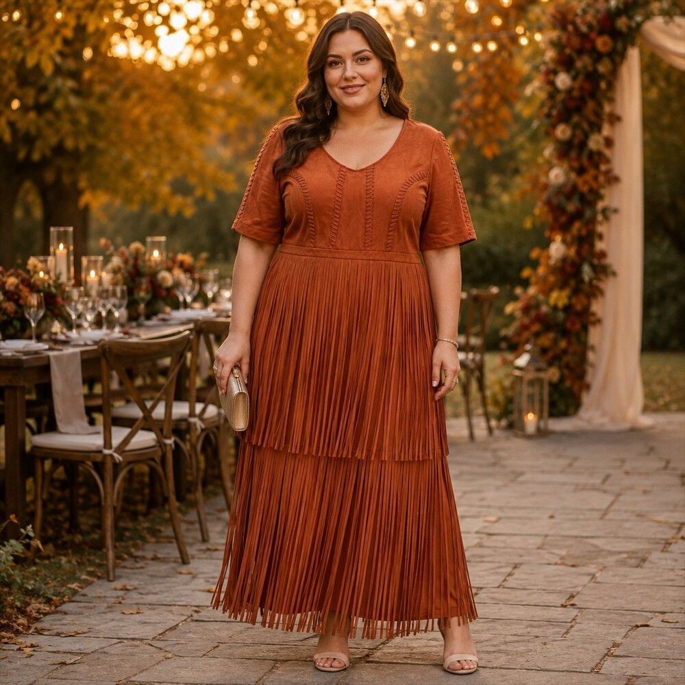Midnight Velvet Fringe Dress Western Boho Autumn Wedding Rust Size 2X New